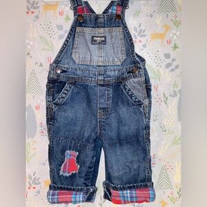 OshKosh B’gosh 2 toned distressed patchwork jeans with plaid lining and patches